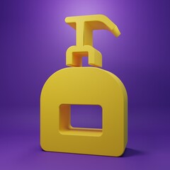 Yellow Bottle of liquid antibacterial soap with dispenser icon isolated on purple background. Antiseptic. Disinfection, hygiene, skin care. Minimalism concept. 3D render illustration