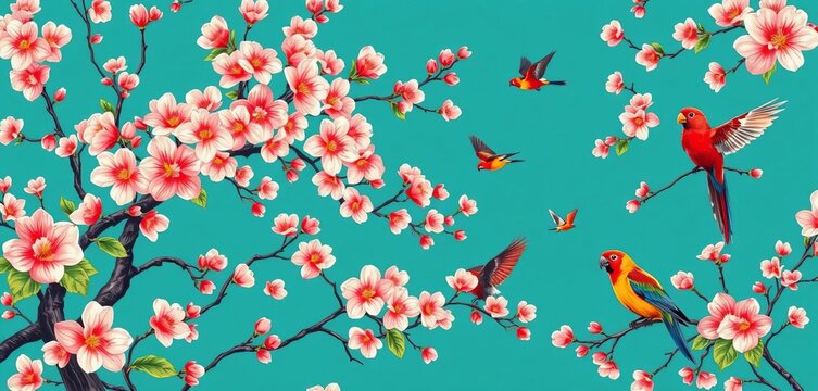 Elegant chinoiserie seamless pattern featuring blossoming trees, sparrows, and parrots, texture, traditional