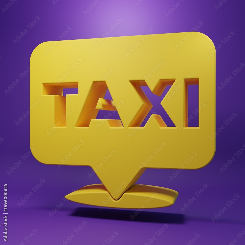 Poster yellow map pointer with taxi icon isolated on purple background. location symbol. minimalism concept