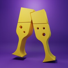 Fototapeta premium Yellow Glass of champagne icon isolated on purple background. Minimalism concept. 3D render illustration