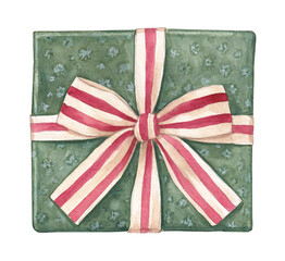 Watercolor festive wrapped gift with ribbon, vintage Christmas green gift box with striped red and white bow, holiday card