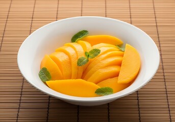 Slices of Vibrant Mango with Fresh Mint Leaves in a White Bowl