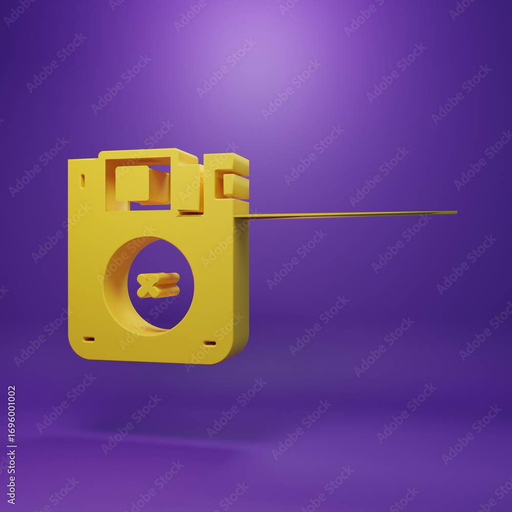 Poster yellow floppy disk for computer data storage icon isolated on purple background. diskette sign. mini
