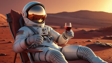 An astronaut relaxing in a chair on mars holding a glass of red wine in the desert landscape view