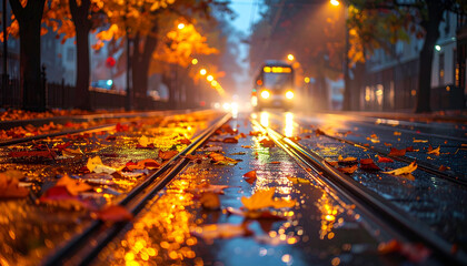 Verregneter Herbstabend, nasse Stra&szlig;enbahnschienen gl&auml;nzen im Regen. Bunte Bl&auml;tter liegen auf den Schienen, spiegeln sich in den Pf&uuml;tzen.