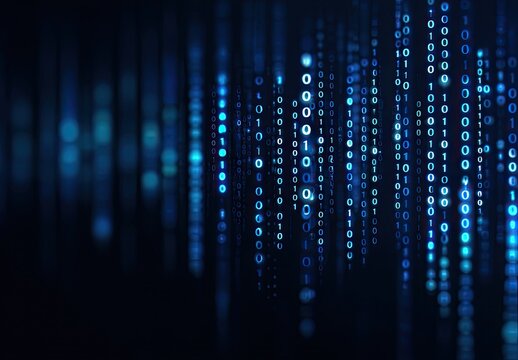 Abstract digital binary code stream cascading downwards on a dark background