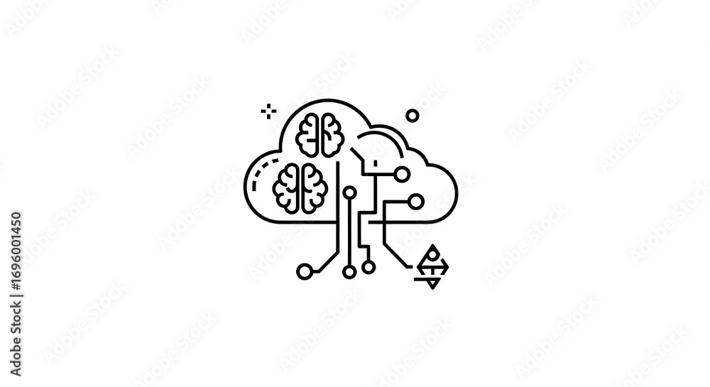 Poster outline illustration of a brain inside a cloud connected to a circuit board on a white background ai