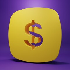Yellow Dollar symbol icon isolated on purple background. Cash and money, wealth, payment symbol. Casino gambling. Minimalism concept. 3D render illustration