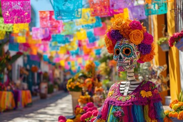 Fototapeta premium Colorful Day of the Dead Celebration with Catrina and Papel Picado