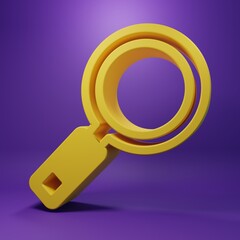 Yellow Magnifying glass icon isolated on purple background. Search, focus, zoom, business symbol. Minimalism concept. 3D render illustration