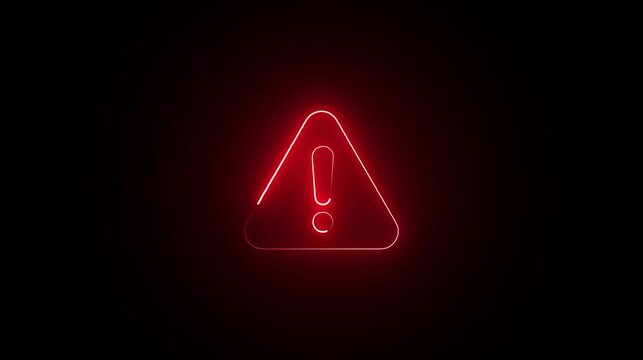 Neon line warning attention red color animation icon signal alert risk safety danger road warning sign sign symbol. Glowing neon red color warning icon animation on black background.