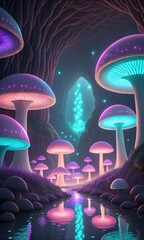 Enchanting bioluminescent mushroom forest with glowing water and mystical atmosphere