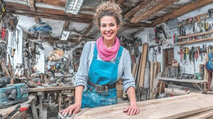 Professional woman carpenter sanding large wooden door in workshop showcasing skillful craftsmanship with wood