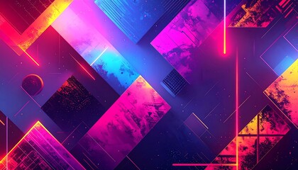 Dynamic composition of glowing neon rectangles and lines creating a futuristic digital abstract pattern