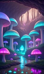 Enchanted forest with glowing mushrooms and mystical light reflecting on water
