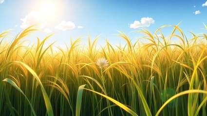 Golden wheat field under bright blue sky with sunlight
