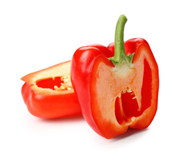 Halves of red bell pepper on white background