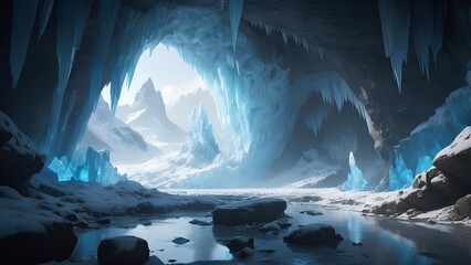 Ethereal winter scene within a crystal ice cavern, with a tranquil pool reflecting the icy stalactites and distant snowy peaks