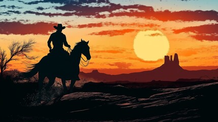 Fototapeta premium Epic Wild West Adventure Cowboy Silhouette on Horse Riding Through Stunning Desert at Sunset