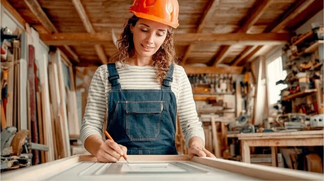 Professional woman carpenter sketching furniture design with wood showcasing skill and craftsmanship in workshop environment