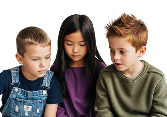 Trio of diverse children, 7-9, in denim overalls, violet tunic, olive sweater, with thoughtful, focused expressions, against transparent background, soft studio light, collaborative discovery concept