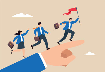 Flat illustration of businessman leader hold flag and run on hand pointing finger leading team members to success