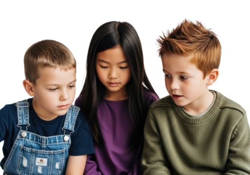 Trio of diverse children, 7-9, in denim overalls, violet tunic, olive sweater, with thoughtful, focused expressions, against transparent background, soft studio light, collaborative discovery concept