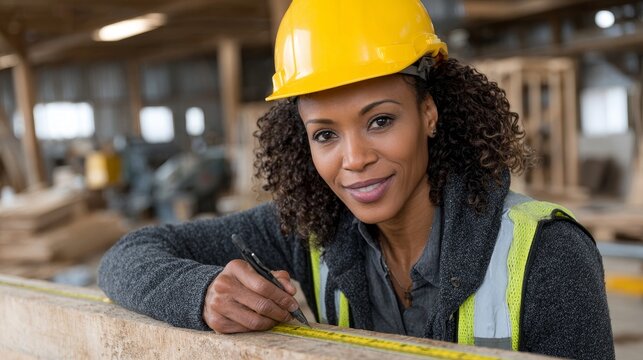 Professional woman carpenter measuring timber skillfully in a workshop environment demonstrating craftsmanship