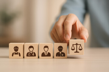 A hand places a wooden block displaying a scale among others featuring different professions, symbolizing diversity and balance in the workforce.