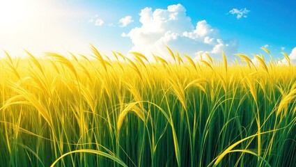 Golden Wheat Field Under Bright Sun and Blue Sky