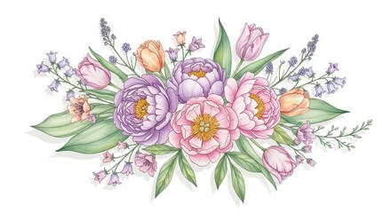 Watercolor floral arrangement of peonies, tulips, and other flowers, isolated on white