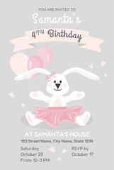 Cute birthday invitation template with white bunny in pink tutu and bow, pastel balloons, and festive design. Perfect for kids party, baby celebration, greeting card or event.