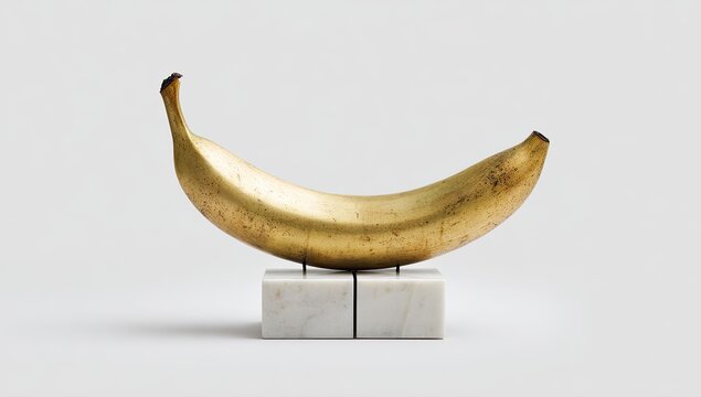 Gilded banana sculpture on marble plinth