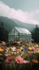 green house in the middle of a flower field