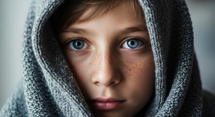 Portrait of a Child with Blue Eyes and Freckles, Wrapped in a Cozy Scarf