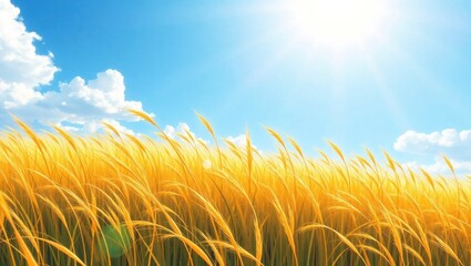 Golden wheat field under bright sun with blue sky