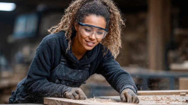 Professional carpenter skillfully cutting wood in workshop showcasing craftsmanship and precision