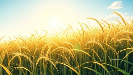 Golden wheat field under bright sun with blue sky