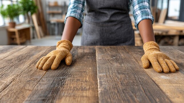 Professional young carpenter woman inspecting wood grain in workshop showcasing skill and craftsmanship - Powered by Adobe