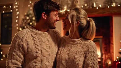 Cozy couple smiling by the fireplace in matching sweaters during the holidays. - Powered by Adobe