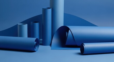 Blue Paper Abstract: A captivating arrangement of blue paper rolls and sheets, creating an abstract design with seamless transitions and visual texture. Evoking a sense of creativity, innovation.