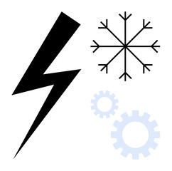 Lightning bolt, snowflake, and gear elements symbolizing power, winter, and innovation. Ideal for energy, technology, renewable resources, seasonal themes engineering winter utilities simple flat
