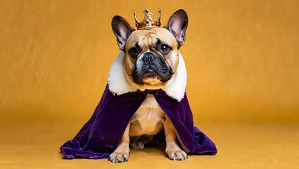 Adorable french bulldog wearing a royal crown and purple cape sitting proudly against a warm yellow background
