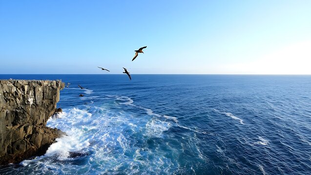 Three seagulls fly over a rugged cliff edge with crashing waves and a vast blue ocean under a clear sky - Powered by Adobe