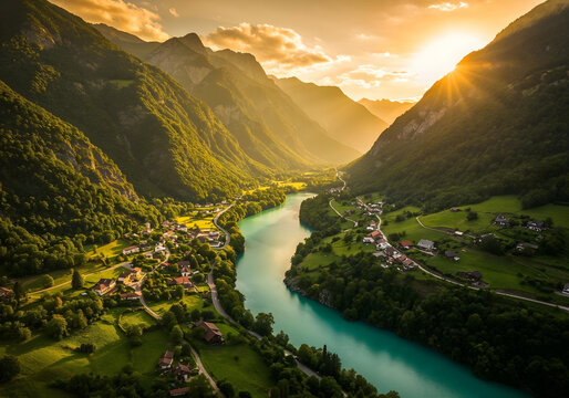 Scenic mountain valley with turquoise river, green fields, and golden sunset light.