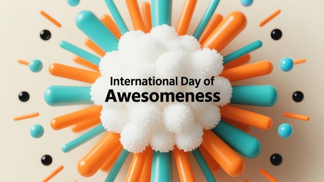 Realistic orange paint explosion with 3D white cloud frame containing bold dark blue text 'International Day of Awesomeness',