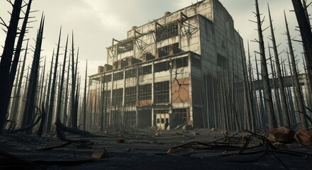 Fototapeta premium The haunting ruins of an abandoned structure engulfed by the remnants of a charred forest landscape