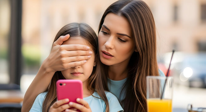 Mother protecting daughter from excessive phone screen time worried concerned parent child safety wellbeing digital detox family technology overuse online