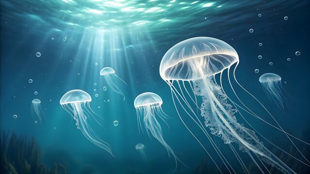 Ethereal jellyfish gracefully drift through sunlit ocean depths with glowing bioluminescence