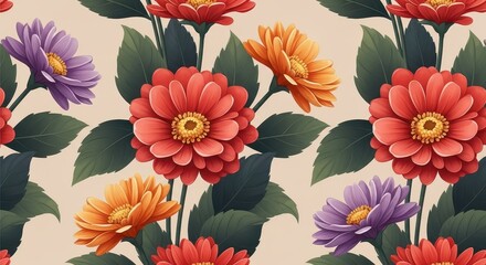 Floral Tapestry of Colors: A vibrant, detailed arrangement of various colorful flowers with lush green leaves and a neutral background evokes the beauty of botanical designs.